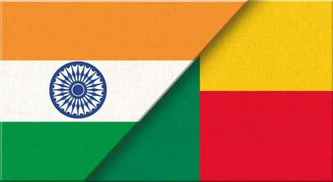 Double flag of India and Benin on fabric texture - 3D illustration. Diploma.. Stock Illustration