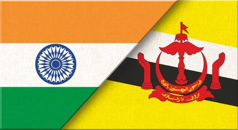 Double flag of India and Brunei on fabric texture. Ilustración de archivo