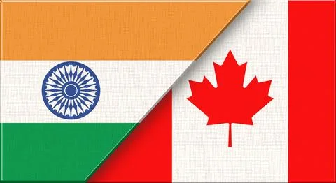 Double flag of India and Canada on fabric texture - 3D illustration Stock Illustration