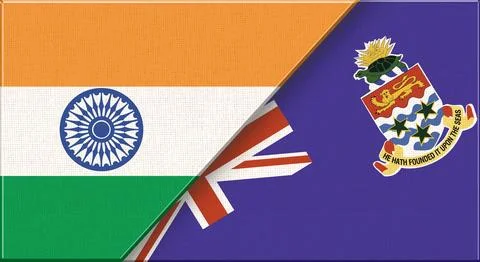 Double flag of India and Cayman Islands on fabric texture - 3D illustration Stock Illustration