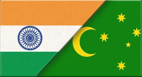 Double flag of India and Cocos Keeling Islands on fabric texture - 3D illustr Stock Illustration