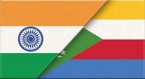 Double flag of India and Comoros on fabric texture - 3D illustration. Stock Illustration