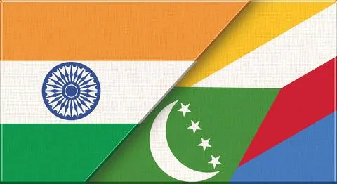 Double flag of India and Comoros on fabric texture - 3D illustration. 스톡 일러스트