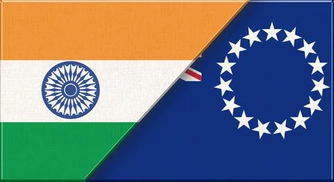 Double flag of India and Cook Islands on fabric texture - 3D illustration. Illustrazione stock