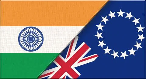 Double flag of India and Cook Islands on fabric texture - 3D illustration Stock Illustration