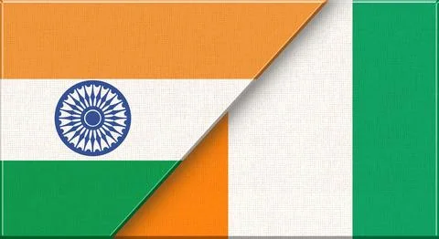 Double flag of India and Ivory Coast on fabric texture - 3D illustration. Stock Illustration