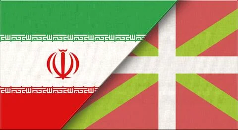 Double flag of Iran and Basque Country on fabric texture. Two flags together Stock Illustration