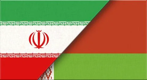 Double flag of Iran and Belarus on fabric texture. Two flags together Stock Illustration