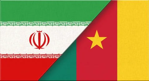 Double flag of Iran and Cameroon on fabric texture. Two flags together Stock Illustration
