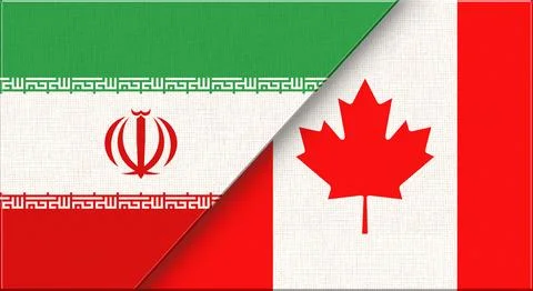 Double flag of Iran and Canada on fabric texture. Two flags together Stock Illustration