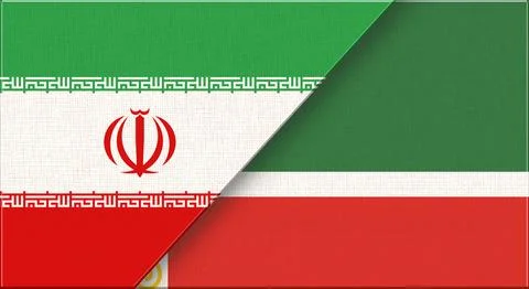 Double flag of Iran and Chechnya on fabric texture. Two flags together. Stock Illustration