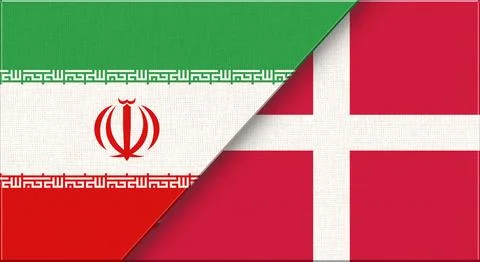 Double flag of Iran and Denmark on fabric texture. Two flags together. Stock Illustration