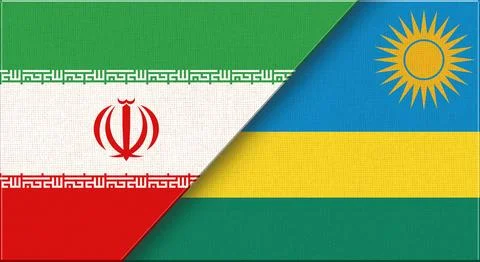 Double flag of Iran and Rwanda on fabric texture. Iranian - Rwandan relations Stock Illustration