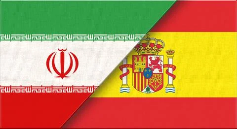 Double flag of Iran and Spain on fabric texture. Flag of Iran and Spain Illustrazione stock