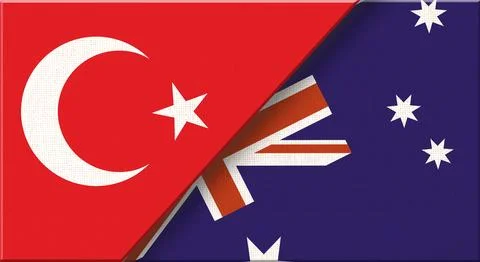 Double flag of Turkey and Australia on fabric texture - 3D illustration Illustrazione stock