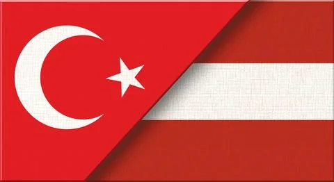 Double flag of Turkey and Austria on fabric texture - 3D illustration. Stock Illustration