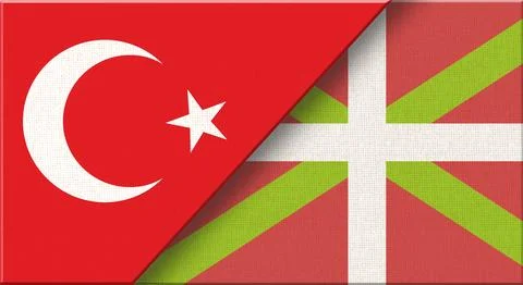 Double flag of Turkey and Basque Country on fabric texture. Stock Illustration