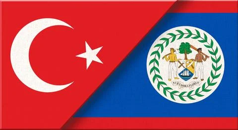 Double flag of Turkey and Belize on fabric texture - 3D illustration. Stock Illustration