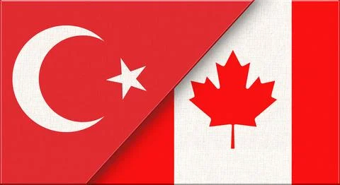 Double flag of Turkey and Canada on fabric texture - 3D illustration. Stock Illustration