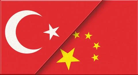 Double flag of Turkey and China on fabric texture - 3D illustration. Stock Illustration