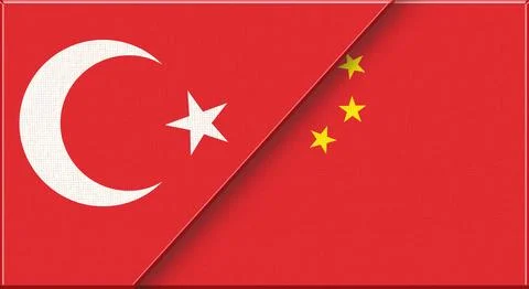 Double flag of Turkey and China on fabric texture - 3D illustration. Stock Illustration