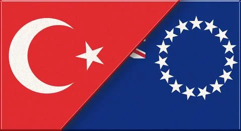 Double flag of Turkey and Cook Islands on fabric texture - 3D illustration. Stock Illustration