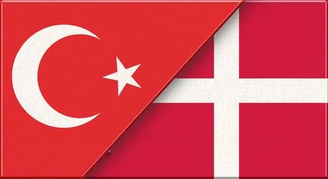 Double flag of Turkey and Denmark on fabric texture - 3D illustration Stock Illustration