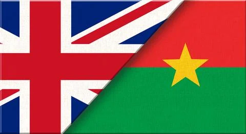 Double flag of United Kingdom and Burkina Faso on fabric texture. Stock Illustration