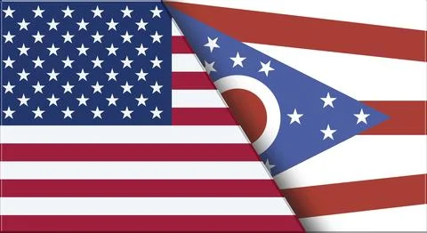 Double Flag of USA and Ohio. United States and Ohio official flags. 3D Stock Illustration
