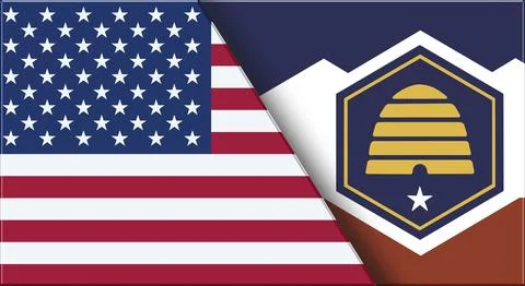 Double Flag of USA and Utah. United States and Utah official flags. 3D Stock Illustration