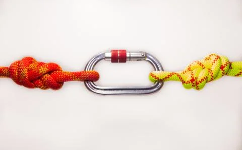 Double Flemish loop or figure eight 8 knot with new colored aluminum carabiner Stock Photos