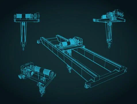 Double girder overhead crane with wire rope hoist blueprints set Stock Illustration