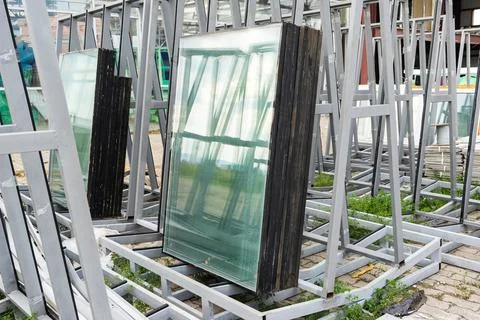 Double-glazed windows at a construction site. Double glazed glass window stac Stock Photos