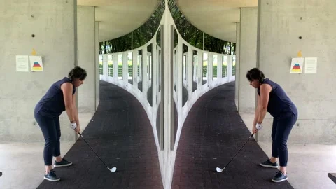 Double Golfer Practice Golf Swing in Driving Range with Mirror Image Stock-Footage 191951983