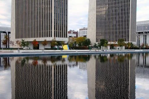 Double governmental reflections on Empire State Plaza Stock Photos