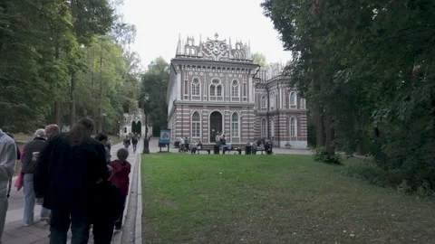 Double Headed Eagle Crowns an Ornate Brick Building at Tsaritsyno Stock Footage 340355250