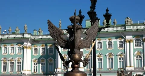 Double-Headed eagle, fence of the Alexander column, Hermitage, Saint Petersburg Stock Footage 64980929