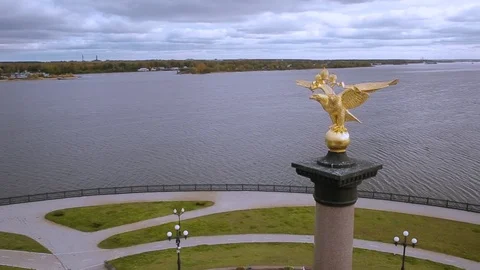 Double-headed eagle on the monument in Yaroslavl Russia, aerial shot Stock Footage 69936005