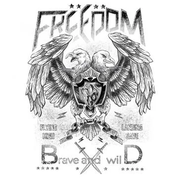 Double-headed eagle with shield and ribbon hand drawn isolated on white Stockillustratie