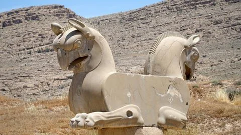 Double Headed Eagle Statue. Ruins of Persepolis, Shiraz, Iran. Stock Photos