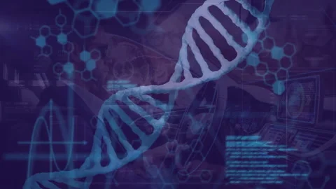 Double-helix DNA entering left gliding while code scrolling hexagons pulsing for Stock Footage 310637969