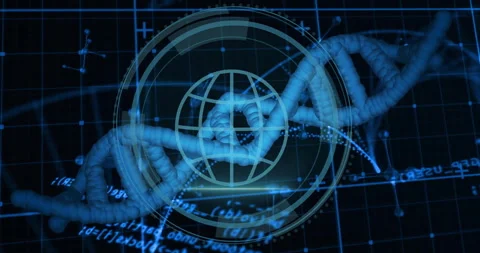 Double helix emerging rotating as code streaming and HUD reticle pulsing to Vidéo 310850901