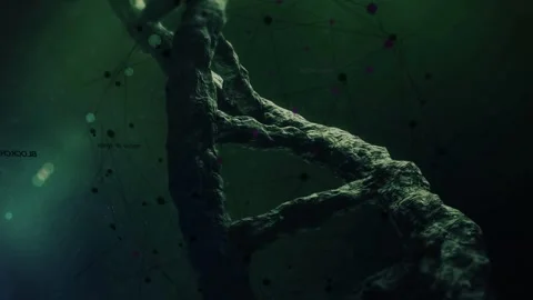 Double helix rotating while camera moving and tilting showing rough rungs, node Video stock 334728639