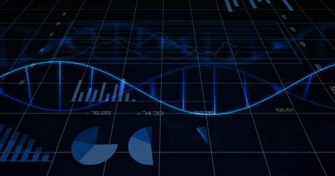 Double-helix style sine wave floating over 3D grid, displaying data line charts, Vídeo Stock 307436656
