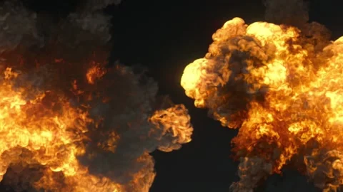 A double, large-scale explosion of flames and smoke on a black background Видео 330895952