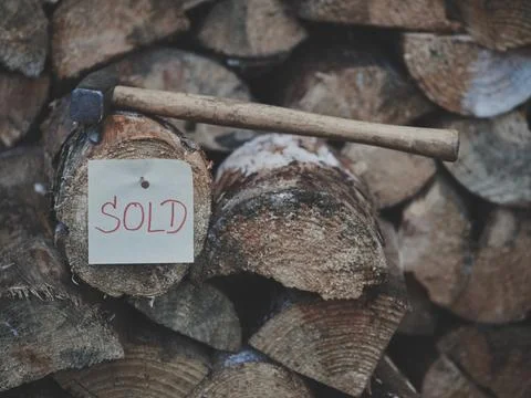 Double-Layer Firewood Step with SOLD Tag and Hammer in Matte Blue Tone Stock Photos