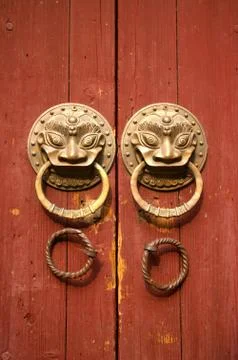 Double lion knobs on an old wooden gate Fotos de archivo