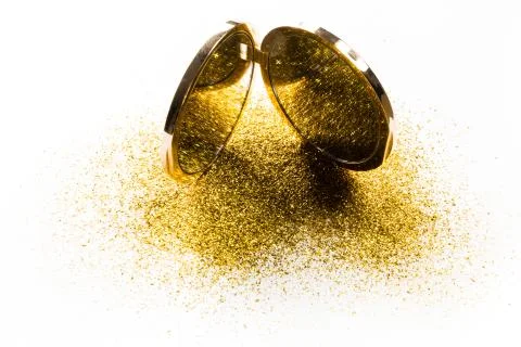 Double mirror on the edge on gold sparkles. Isolated on white background. Stock Photos