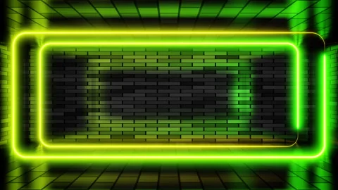 Double neon frame green and yellow lights motion loops square on brick wall Stock Footage 265197727