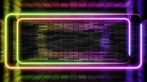 Double neon frame purple and green lights motion loops square on brick wall Stock Footage 265197621